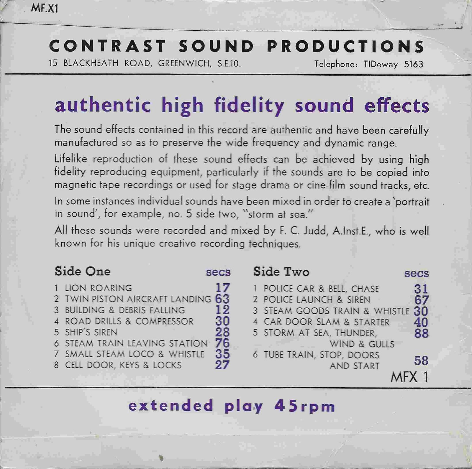 MFX . 1 Mixed sound effects F. C. Judd from ITV, Channel 4 and Channel 5 library Back cover of MFX . 1